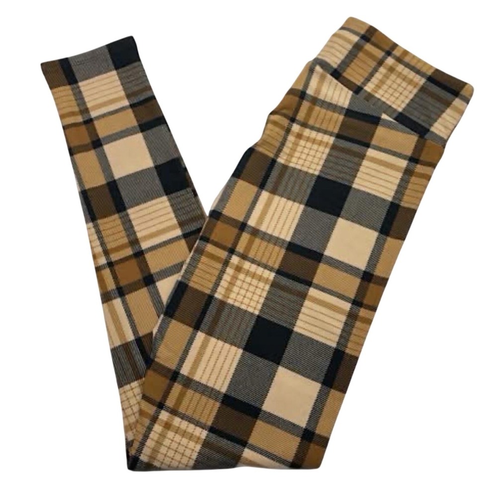 LuLaRoe Womens Leggings Size TC2 Brown Tan Black Plaid Check Plus 18+ NWT